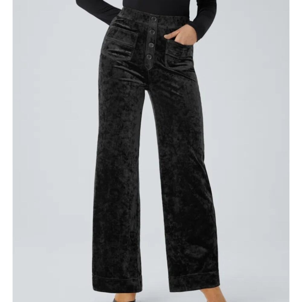 Halara High Waisted Pockets Straight Leg Velvet Casual Pants NEW